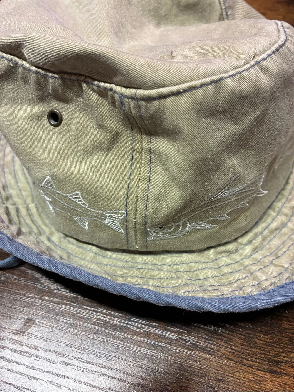 Vintage Fishing Bucket Hat in Olive Khaki with Chin Strap and Fish Embroidery